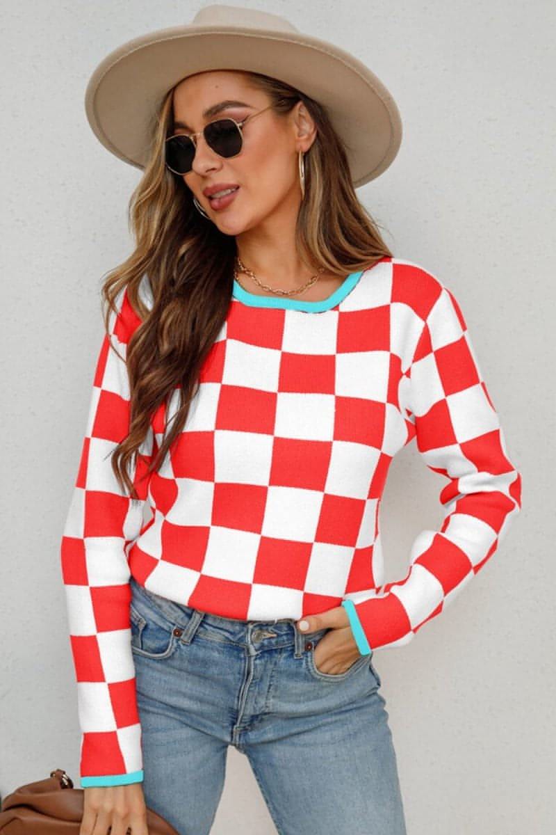 Checkered Round Neck Sweater - Everydayswear