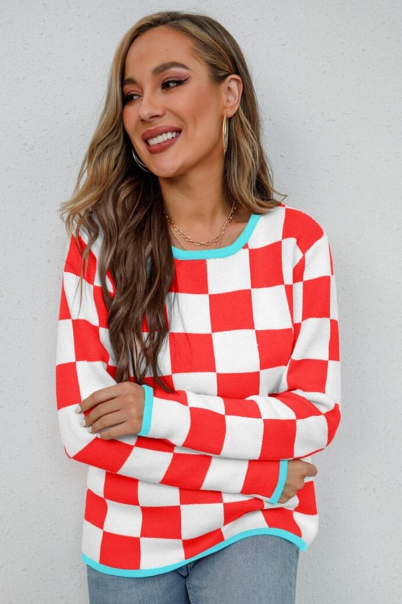 Checkered Round Neck Sweater - Everydayswear