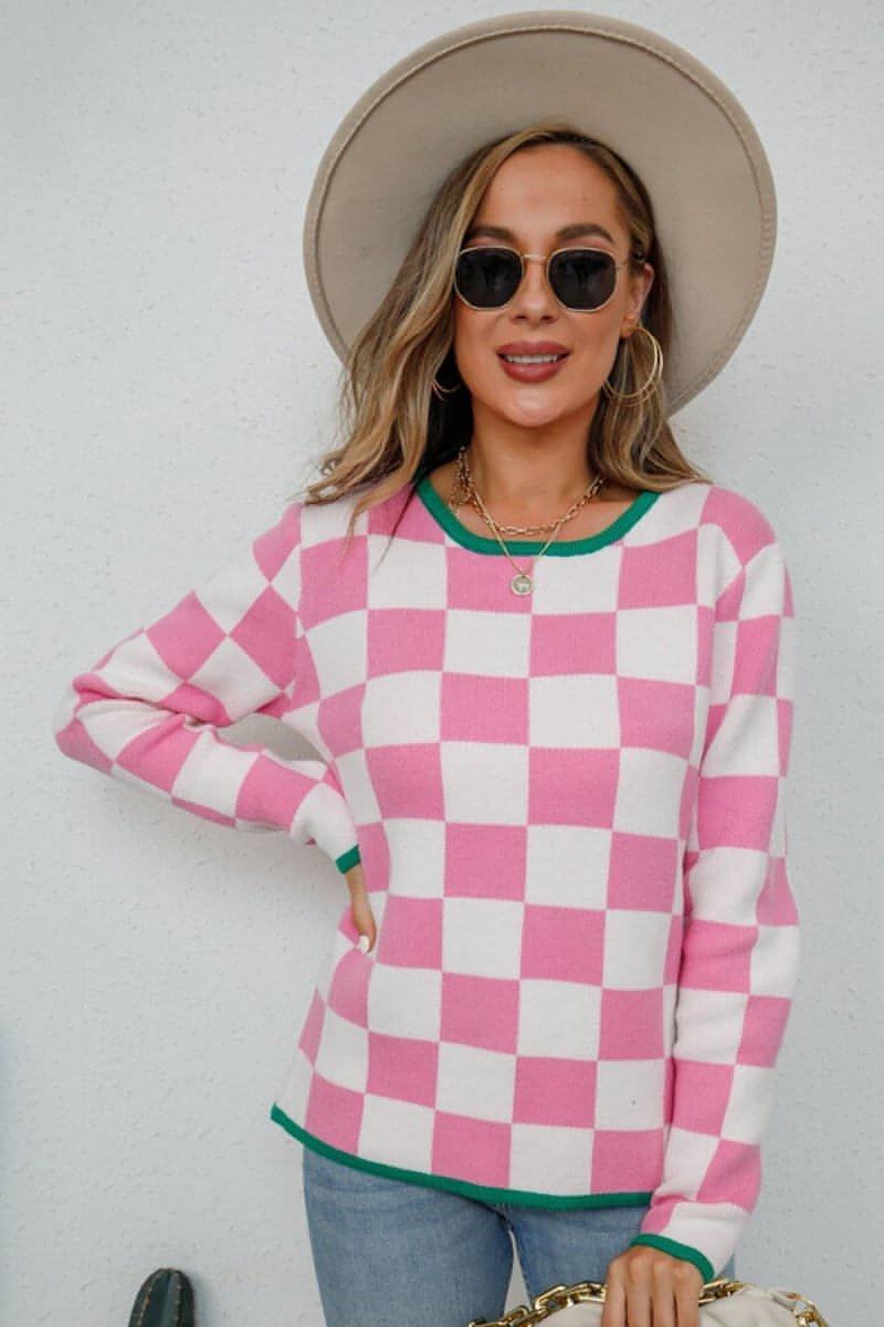 Checkered Round Neck Sweater - Everydayswear