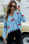 Cherry Pattern Frayed Trim V-Neck Sweater - Everydayswear