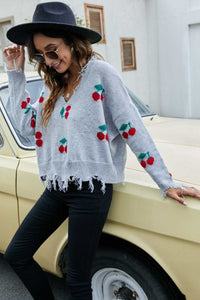 Cherry Pattern Frayed Trim V-Neck Sweater - Everydayswear