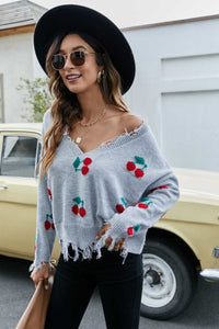 Cherry Pattern Frayed Trim V-Neck Sweater - Everydayswear