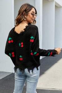 Cherry Pattern Frayed Trim V-Neck Sweater - Everydayswear