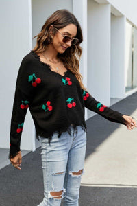 Cherry Pattern Frayed Trim V-Neck Sweater - Everydayswear