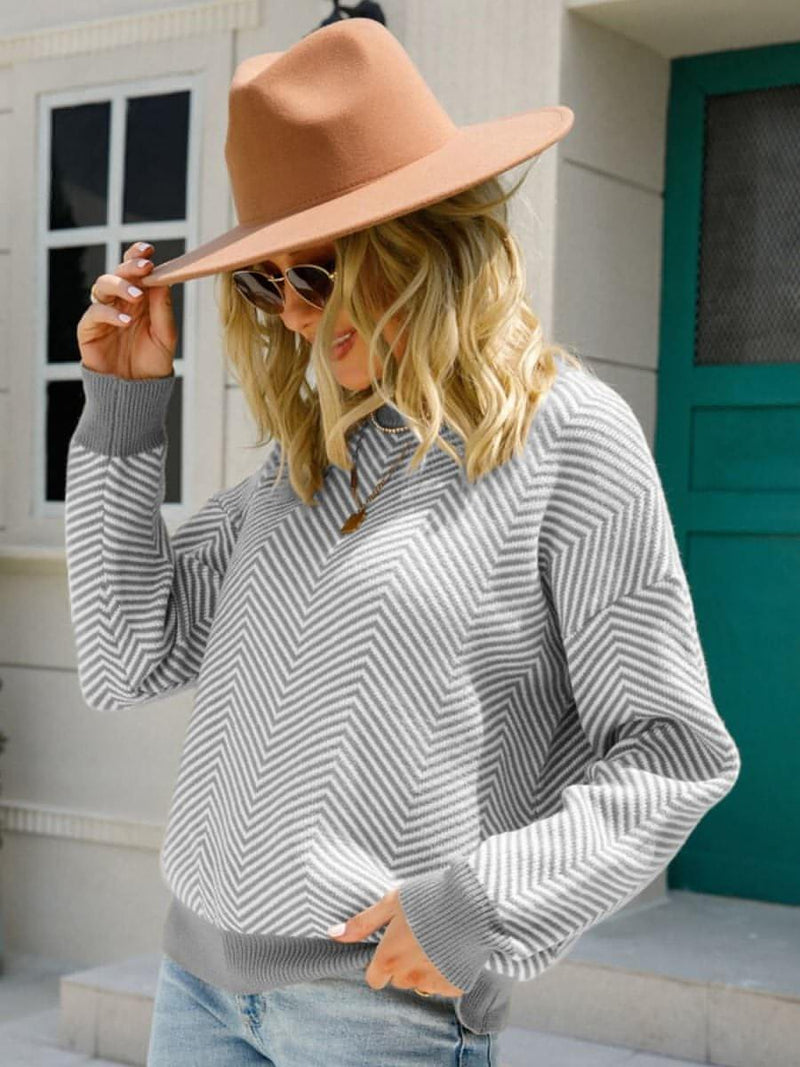 Chevron Ribbed Trim Dropped Shoulder Knit Pullover - Everydayswear