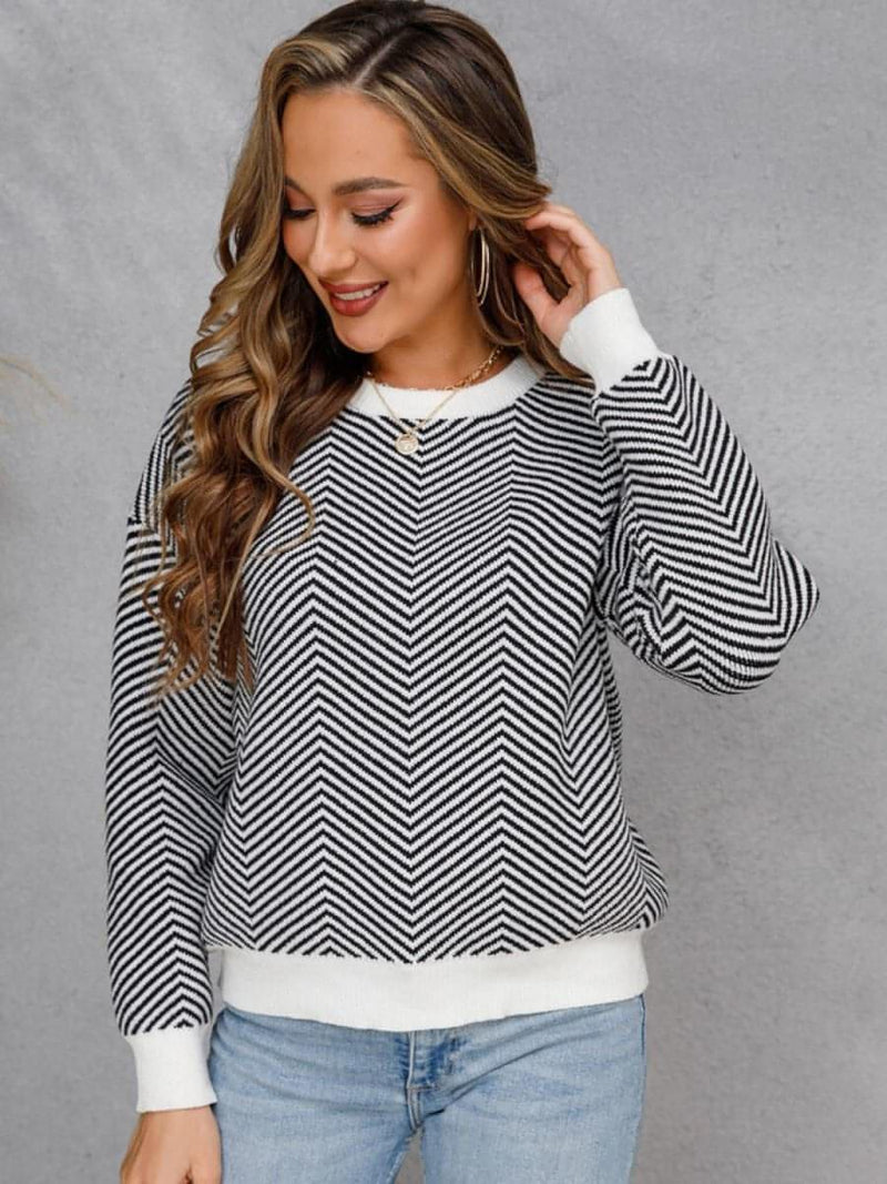 Chevron Ribbed Trim Dropped Shoulder Knit Pullover - Everydayswear