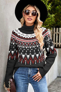 Chevron Turtleneck Ribbed Trim Sweater - Everydayswear