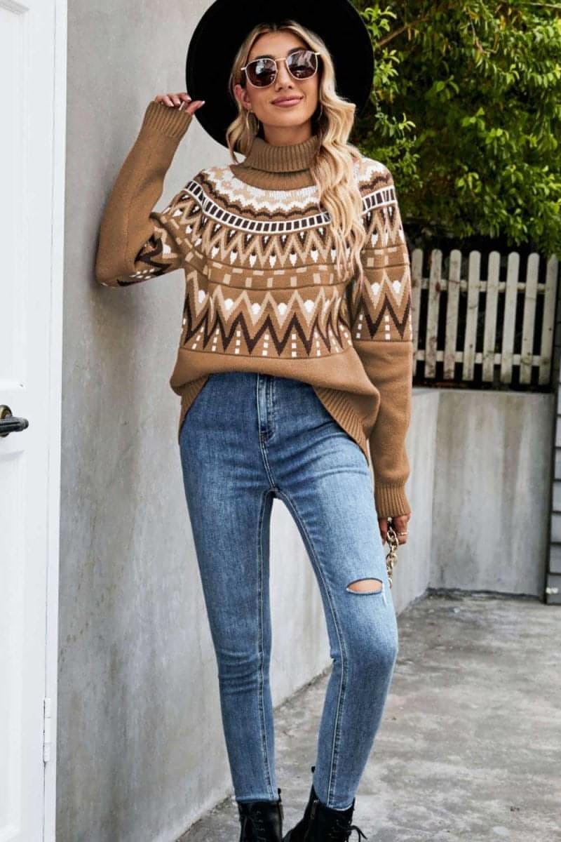 Chevron Turtleneck Ribbed Trim Sweater - Everydayswear