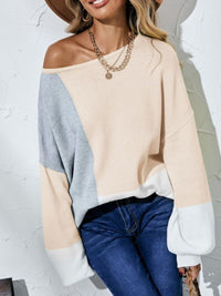 Color Block Balloon Sleeve Boat Neck Sweater - Everydayswear