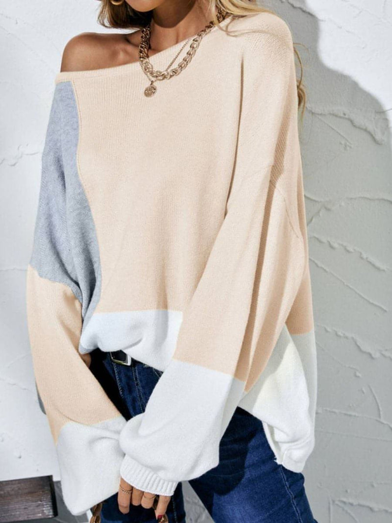 Color Block Balloon Sleeve Boat Neck Sweater - Everydayswear