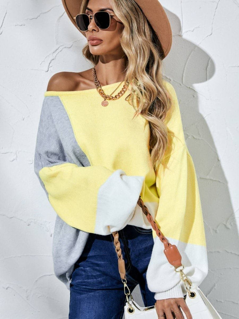 Color Block Balloon Sleeve Boat Neck Sweater - Everydayswear