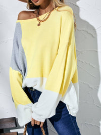 Color Block Balloon Sleeve Boat Neck Sweater - Everydayswear