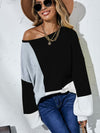 Color Block Balloon Sleeve Boat Neck Sweater - Everydayswear