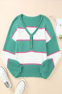 Color Block Buttoned V-Neck Sweater - Everydayswear