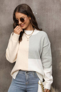 Color Block Crewneck Drop Shoulder Sweater - Everydayswear