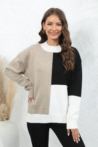 Color Block Crewneck Drop Shoulder Sweater - Everydayswear