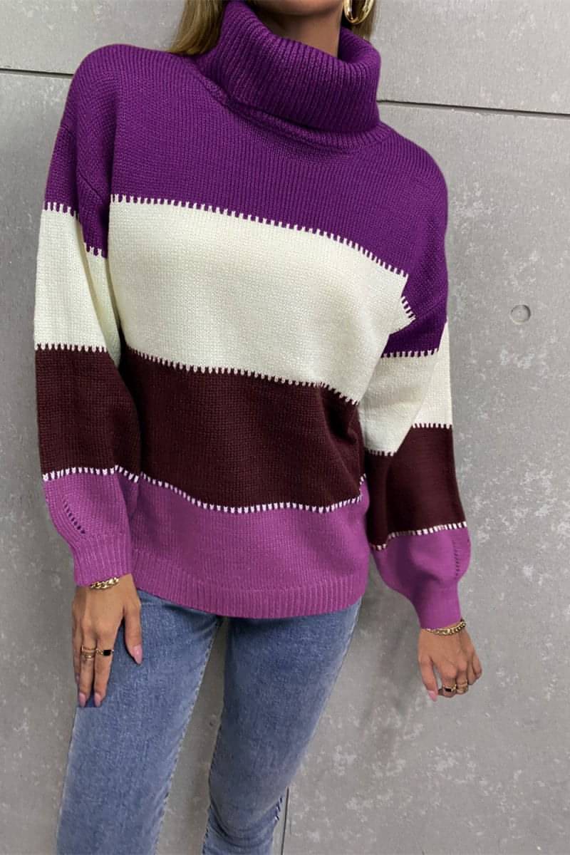 Color Block Lantern Sleeve Turtleneck Sweater - Everydayswear