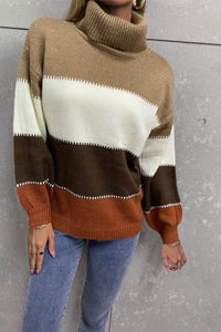 Color Block Lantern Sleeve Turtleneck Sweater - Everydayswear