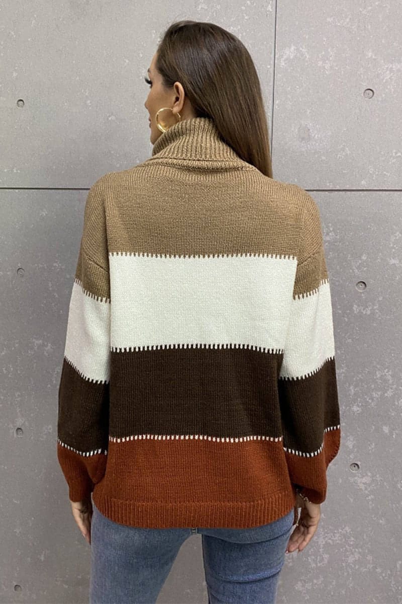 Color Block Lantern Sleeve Turtleneck Sweater - Everydayswear