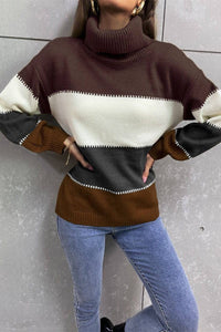 Color Block Lantern Sleeve Turtleneck Sweater - Everydayswear