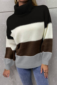 Color Block Lantern Sleeve Turtleneck Sweater - Everydayswear