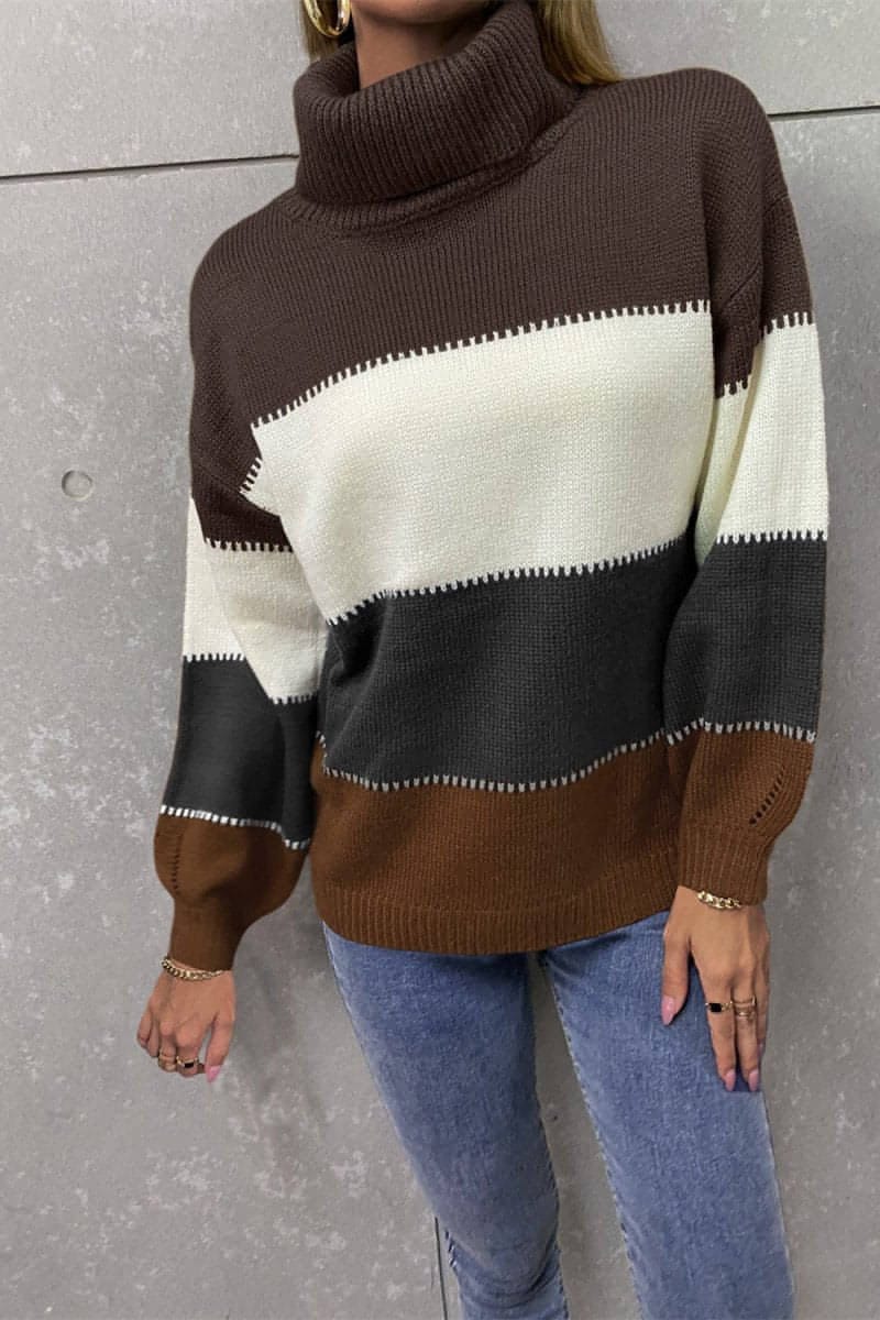 Color Block Lantern Sleeve Turtleneck Sweater - Everydayswear