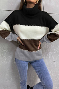 Color Block Lantern Sleeve Turtleneck Sweater - Everydayswear