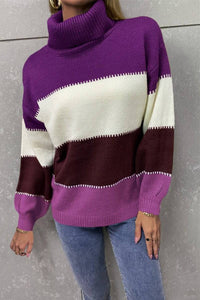 Color Block Lantern Sleeve Turtleneck Sweater - Everydayswear