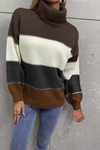 Color Block Lantern Sleeve Turtleneck Sweater - Everydayswear