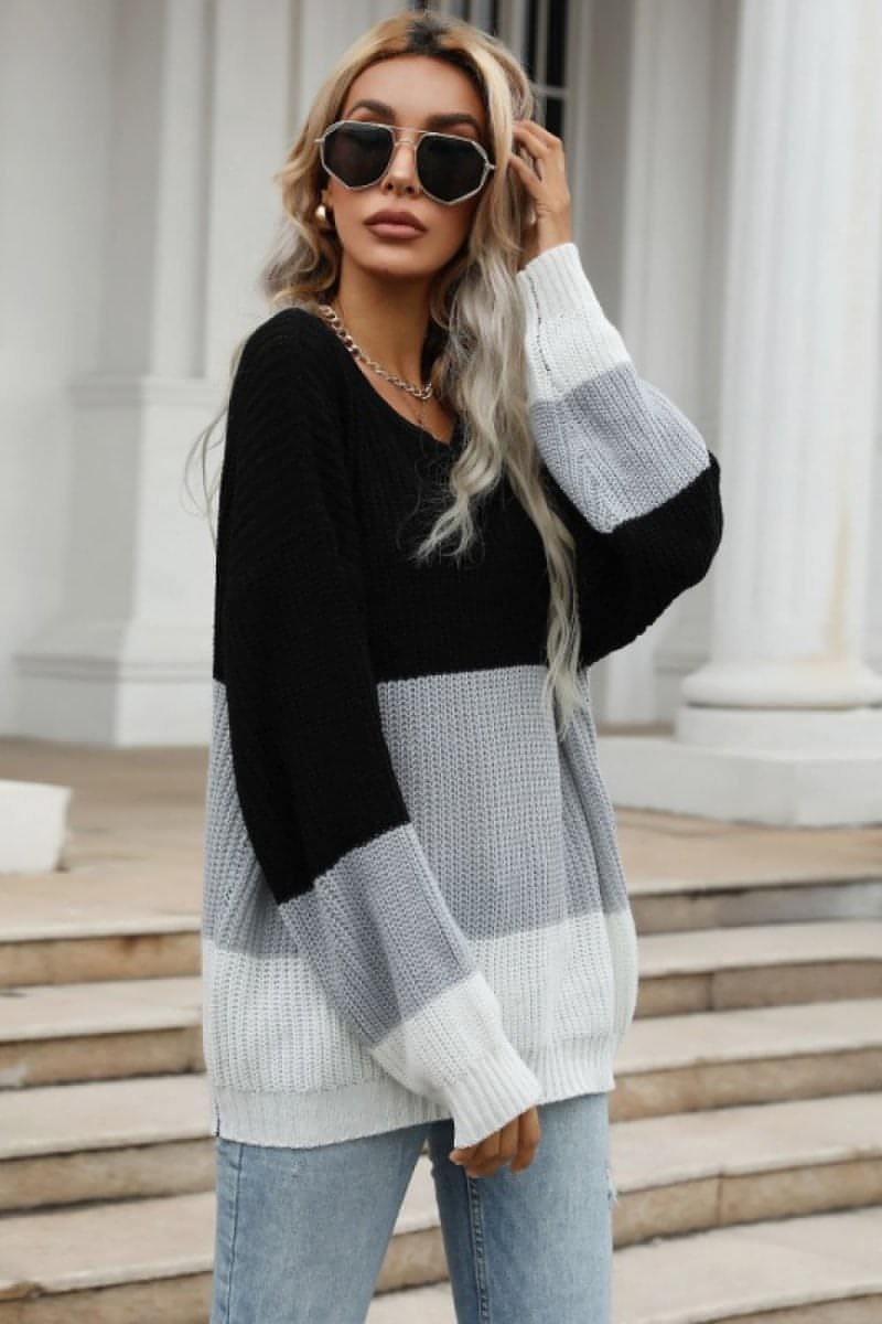 Color Block Long Sleeve Chunky Knit Sweater - Everydayswear