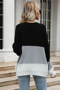 Color Block Long Sleeve Chunky Knit Sweater - Everydayswear