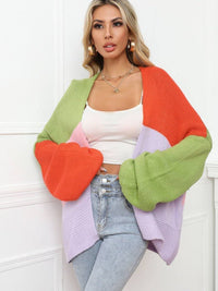 Color Block Open Front Balloon Sleeve Longline Cardigan - Everydayswear