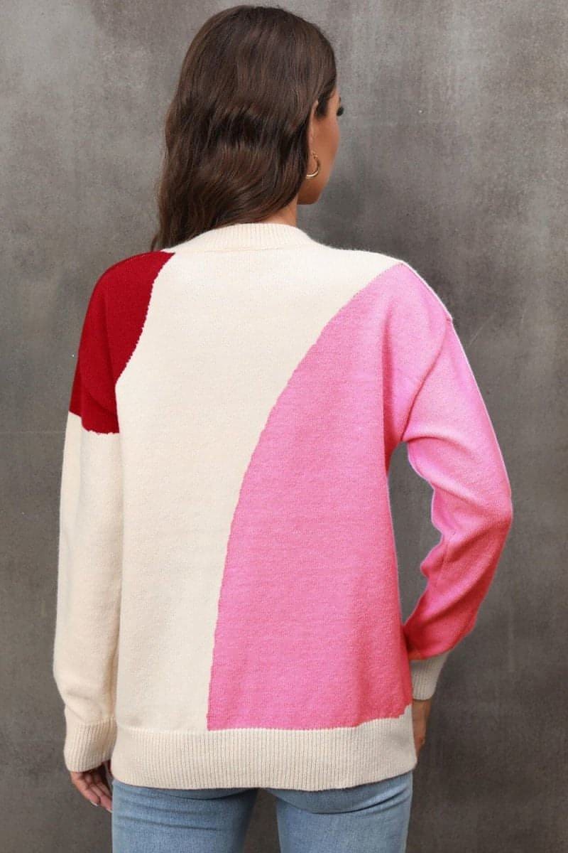 Color Block Ribbed Cuff Drop Shoulder Sweater - Everydayswear