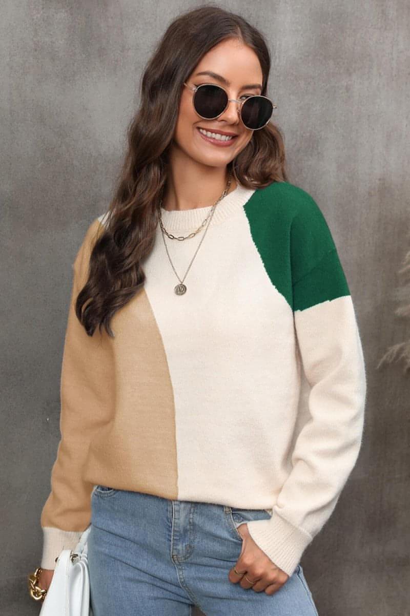 Color Block Ribbed Cuff Drop Shoulder Sweater - Everydayswear