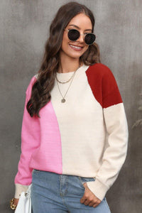 Color Block Ribbed Cuff Drop Shoulder Sweater - Everydayswear