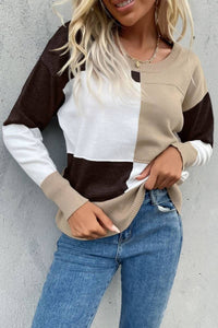 Color Block Ribbed Trim Round Neck Knit Pullover - Everydayswear