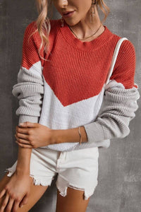 Color Block Round Neck Rib-Knit Sweater - Everydayswear