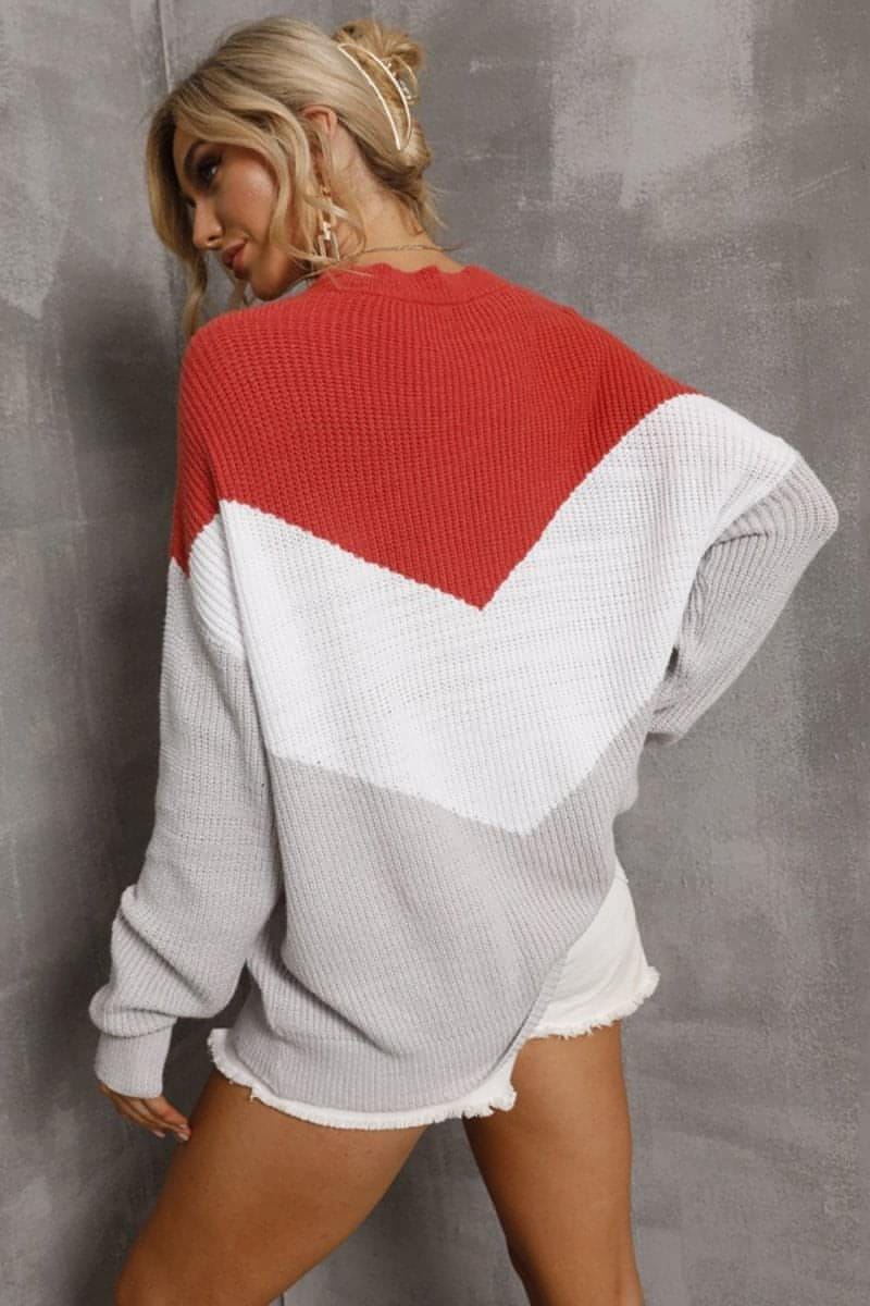 Color Block Round Neck Rib-Knit Sweater - Everydayswear