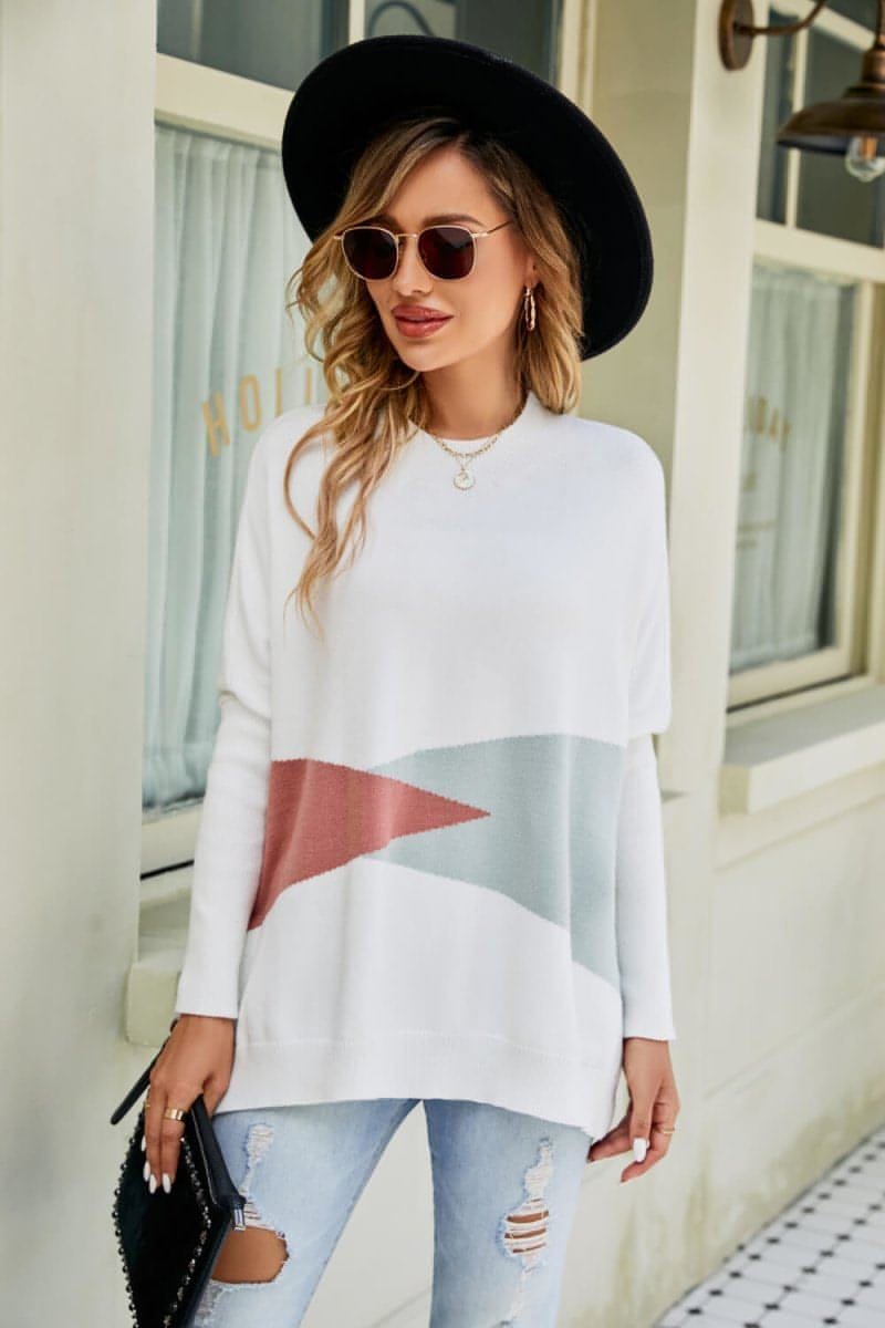 Color Block Round Neck Side Slit Sweater - Everydayswear