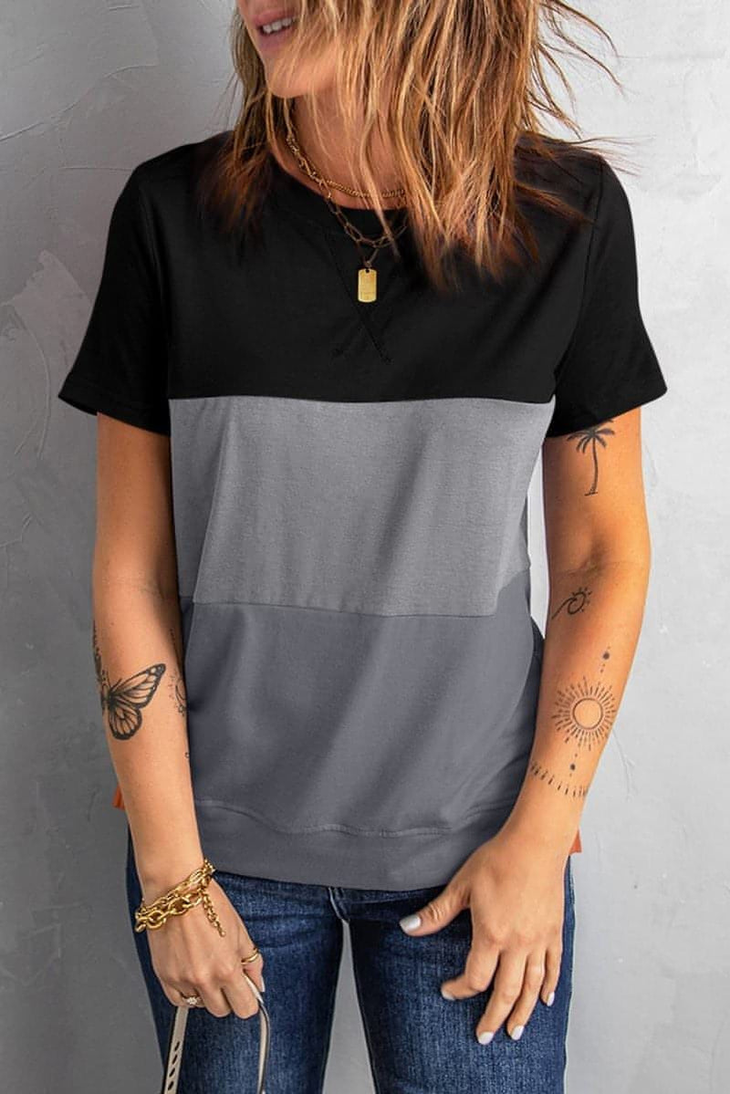 Color Block Side Slit Round Neck T-Shirt - Everydayswear