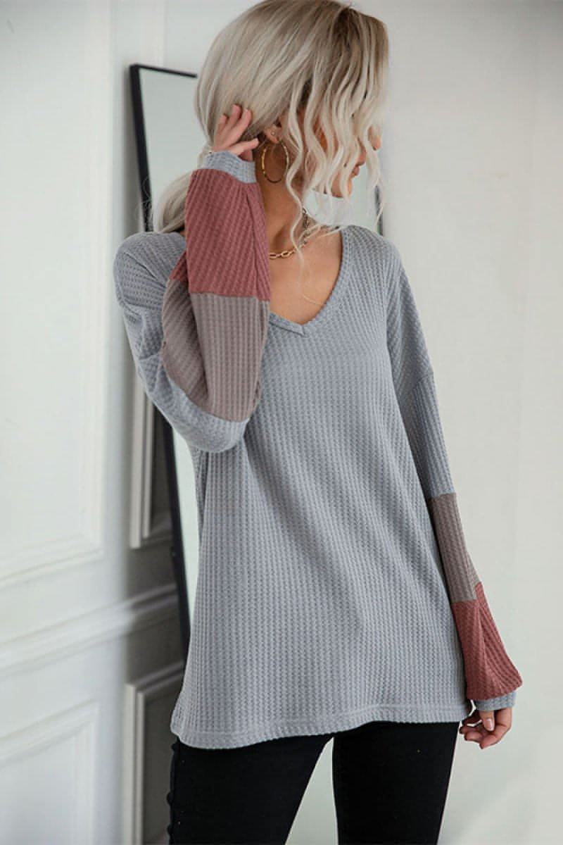 Color Block Sleeve Waffle Knit Tee - Everydayswear