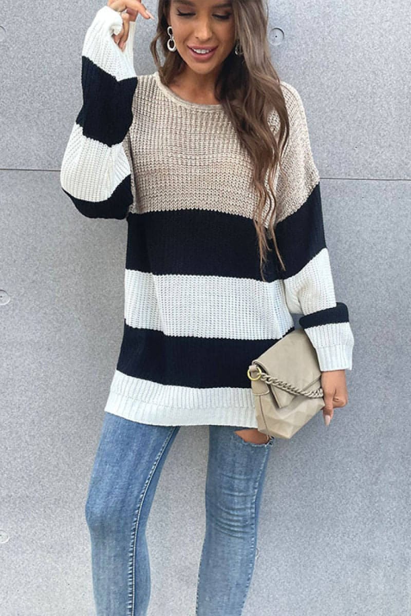 Color Block Striped Long Sleeve Sweater - Everydayswear