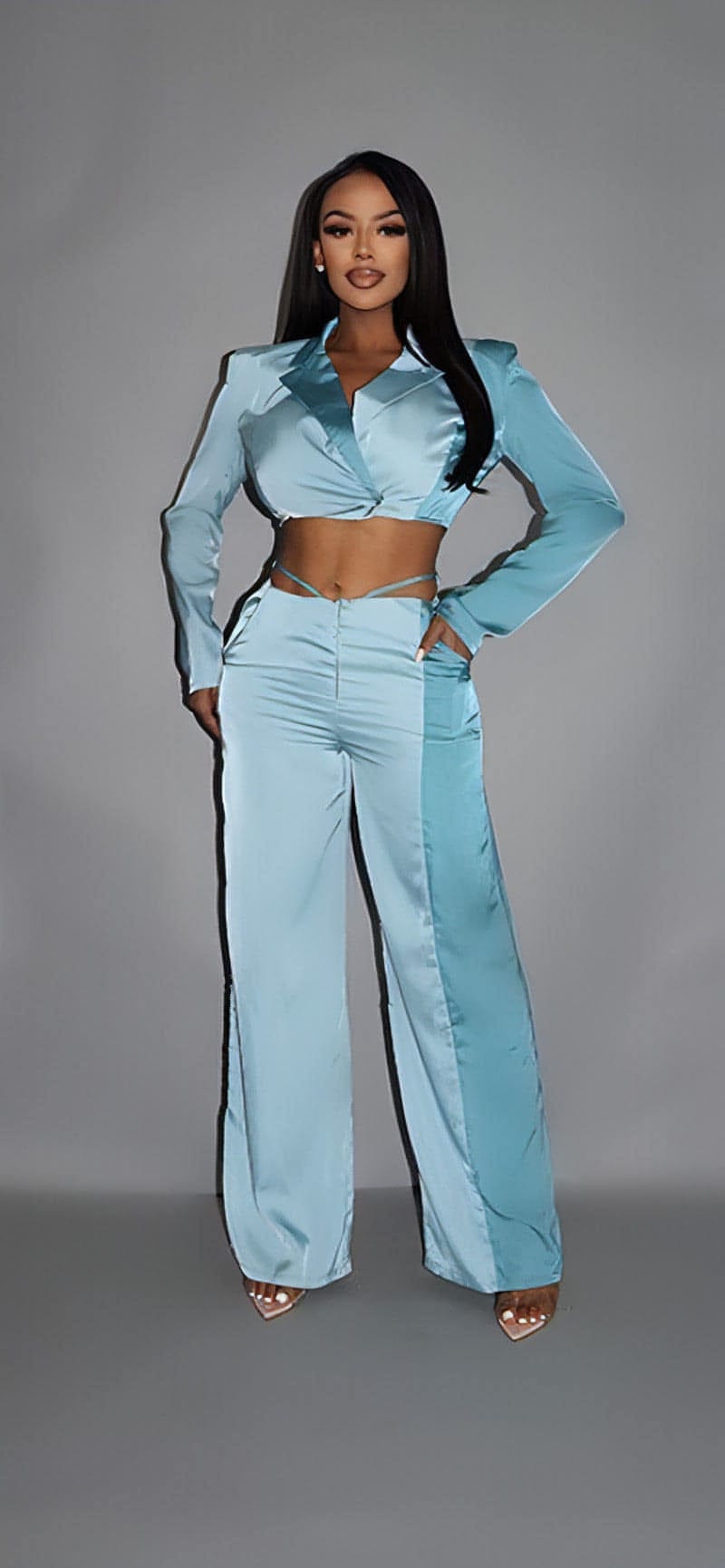 Colorblock Crop Blazer With Matching Low Rise Wide Leg Pant Set With Pockets - Everydayswear