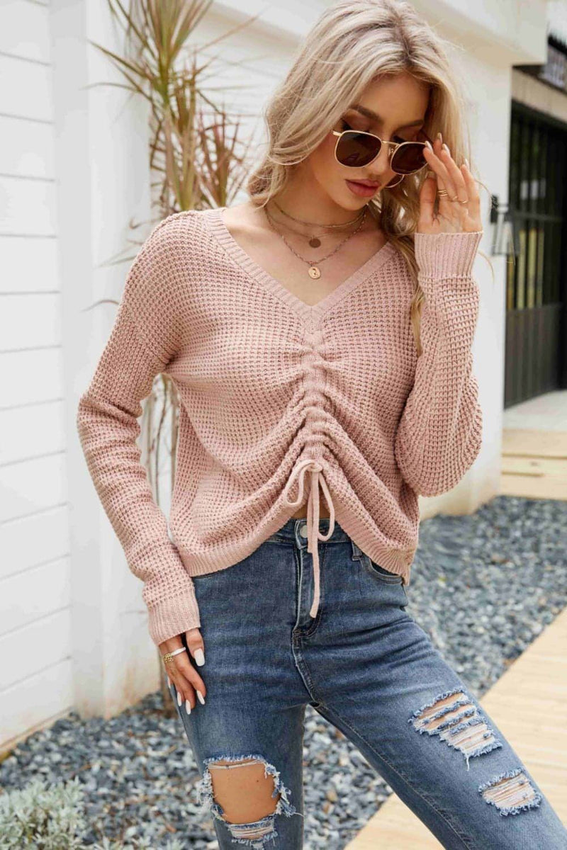 Waffle-Knit Drawstring Detail V-Neck Sweater