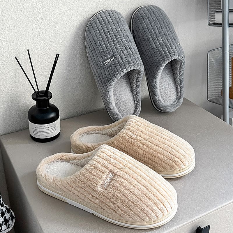 Simple Solid Color Cotton Slippers - Warm Plush Winter Non-Slip Indoor House Shoes for Couples and Women's Household Use