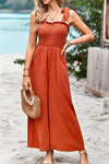 Frill Trim Tie Shoulder Wide Leg Jumpsuit with Pockets