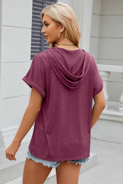 Half Button Drawstring Short Sleeve Hooded T-Shirt