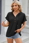 Half Button Drawstring Short Sleeve Hooded T-Shirt