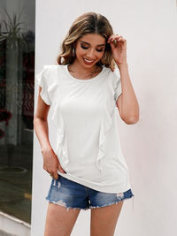 Ruffled Round Neck Cap Sleeve T-Shirt