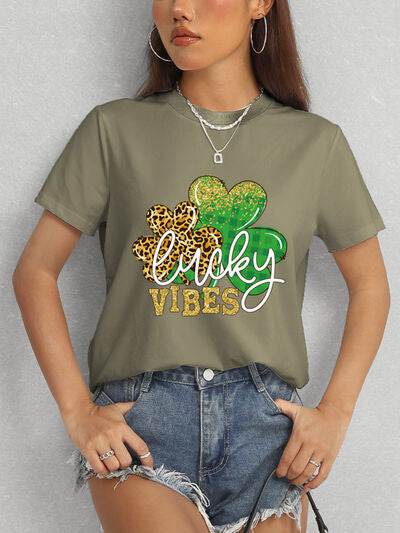 LUCKY VIBES Round Neck Short Sleeve T-Shirt